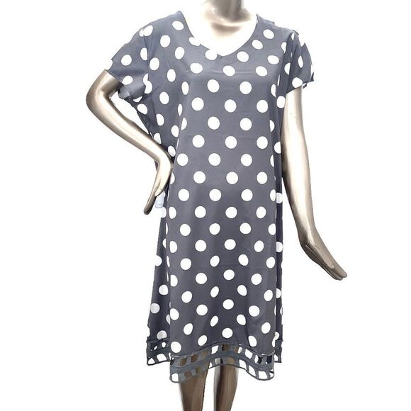 PLUS size polka dot shift dress xxl, grey and white. V neck s/s nwot 23' wide - Picture 3 of 6